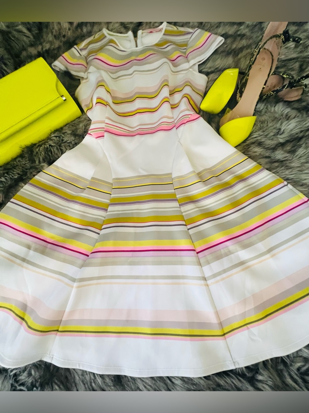 Ted Baker White A-Line Skirt with Pink, Lime & Gray Stripes - Picture 8 of 8